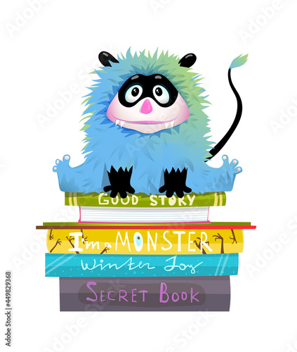 Little hairy monster for kids sitting on book stack, adorable library fluffy creature for kids studying to read. Vector illustration in watercolor style.