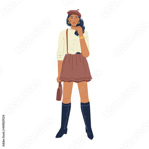 Casual cloth collection, fashion woman in shot skirt and black high leather boots isolated stylish brunette. Vector modern pretty fashion model vogue couture street style, female in dress