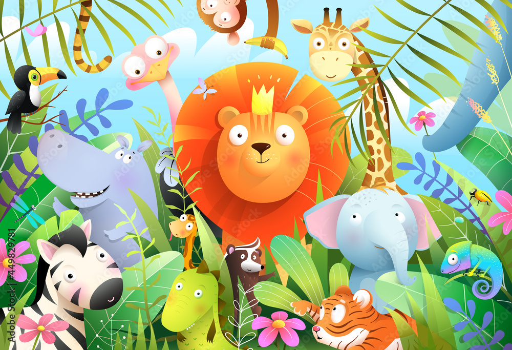 Jungle animals for children with lion king in tropical forest and his baby  animal friends. Wild jungle safari or zoo cartoon for Kids and children.  Vector cartoon illustration in watercolor style. Stock