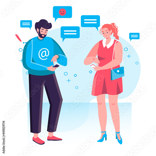 Social network concept. Man and woman using smartphones, chatting with friends. Internet addiction and online communication character scene. Vector illustration in flat design with people activities
