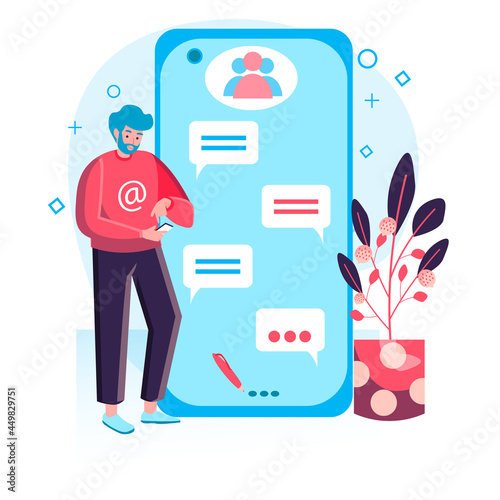 Social network concept. Man using smartphones, browsing, chatting with friends. Internet addiction and online communication character scene. Vector illustration in flat design with people activities