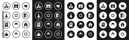 Set Olives branch, Star of David, Jewish wine bottle, money bag, coin, calendar, synagogue and Torah scroll icon. Vector