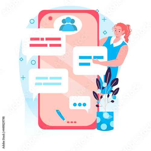 Social network concept. Woman chatting with friends using smartphones, browsing. Internet addiction and online communication character scene. Vector illustration in flat design with people activities
