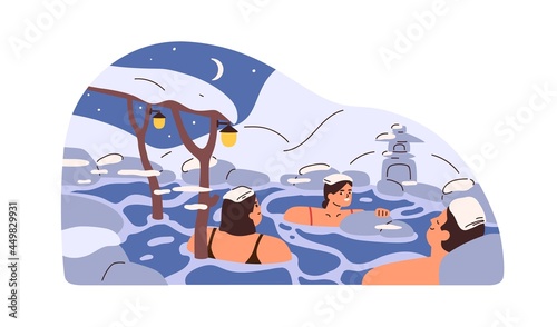 Happy people relaxing and bathing in hot thermal springs of public natural SPA resort covered with snow. Recreation park with geothermal waters. Flat vector illustration isolated on white background