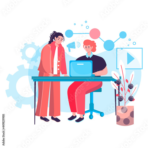 Digital marketing concept. Marketers team working together in office  create advertising content  promote in social network character scene. Vector illustration in flat design with people activities