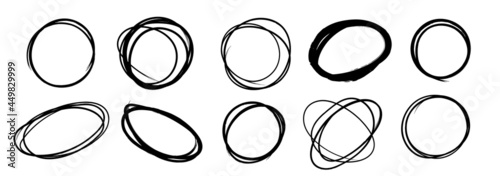 Hand drowning circle line sketch vector set. Highlighter marks, strokes, Art brush design round circular scribble doodle graffiti bubble or ball draft illustration for logo and text.