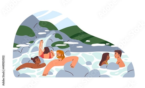Happy people relaxing and bathing in hot springs of natural public SPA resort...
