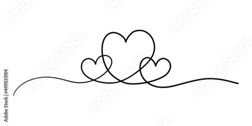 One continuous line three hearts. Hand drawn minimal love icon, doodle single line romance symbol, fine line tattoo. Vector illustration