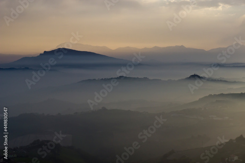 Mist over the hills in the province of Ascoli Piceno in Italy in the morning