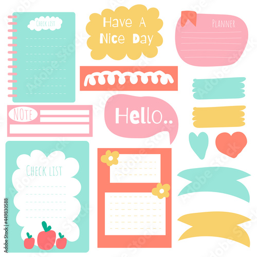 Sticky note set. Cute paper notes. Stationary set. Scrapbook notes and cards.Printable planner stickers. To Do List note. Template for your message. Decorative planning element. Vector illustration.