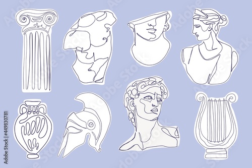 Ancient greek statues. Hand drawn one line antique sculptures, mythology characters knight amphora column. Vector art