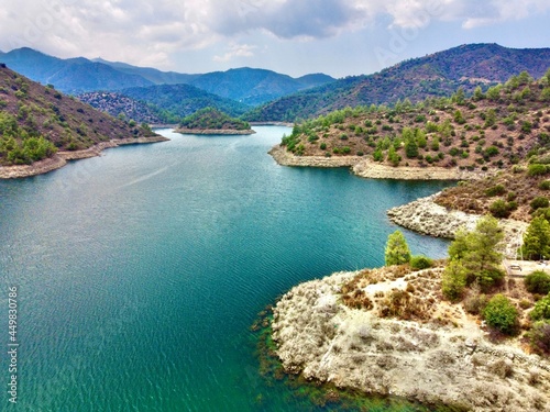 Aerial bird's eye drone view of water Lefkara reservoir river lake Cyprus  photo