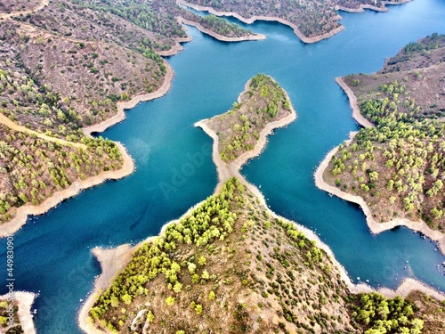 Aerial bird s eye drone view of water Lefkara reservoir river lake Cyprus 