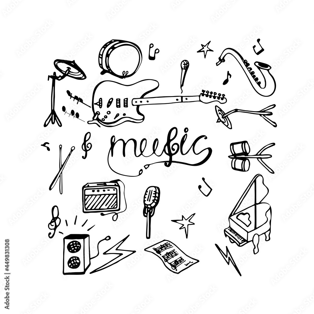 Obraz premium Simple Black and White Set of Icons Related to Music