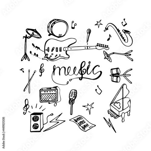 Simple Black and White Set of Icons Related to Music