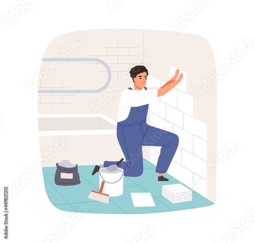 Worker laying and attaching ceramic wall tile in bathroom. Professional tiler in overalls working. Repairman tiling. Flat vector illustration of repair master isolated on white background