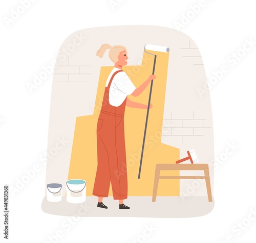 Female painter dyeing wall with paint roller tool. Worker painting building. Woman working in professional repair service. Colored flat vector illustration isolated on white background
