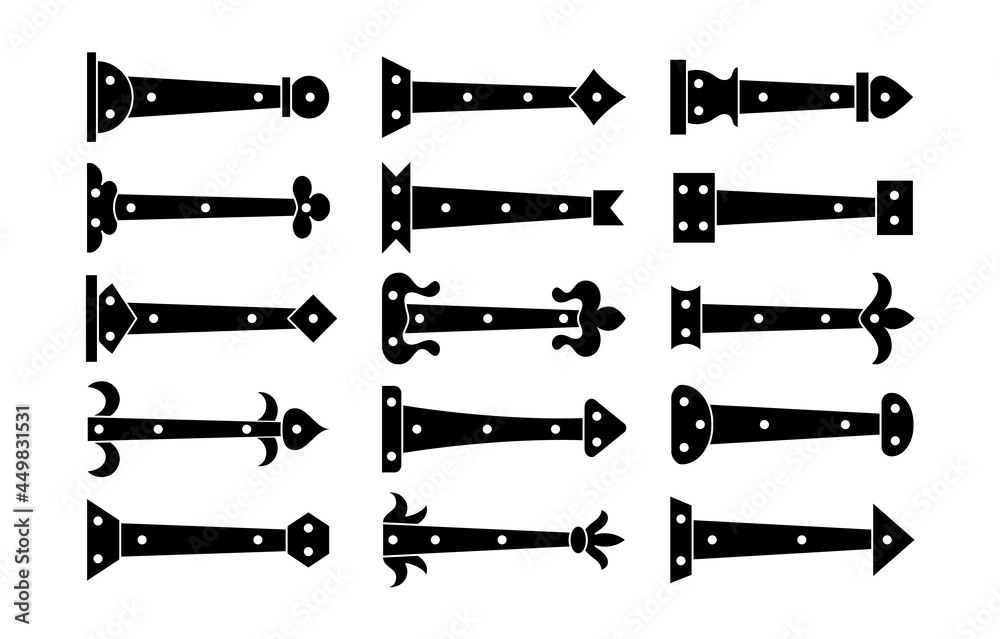 Decorative vintage arrow hinges. Accents for garage and barn doors, gates, trunks. Flat icon set. Vector illustration. Signs of old hardware elements. Isolated objects