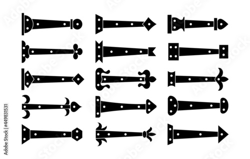Decorative vintage arrow hinges. Accents for garage and barn doors, gates, trunks. Flat icon set. Vector illustration. Signs of old hardware elements. Isolated objects