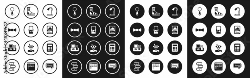 Set Table lamp, Tetris, Bow tie, Magnifying glass, Card game, Slippers with socks, Calculator and Monitor keyboard icon. Vector