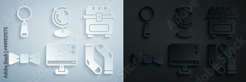 Set Computer monitor screen, Antique treasure chest, Bow tie, Socks, Earth globe and Magnifying glass icon. Vector
