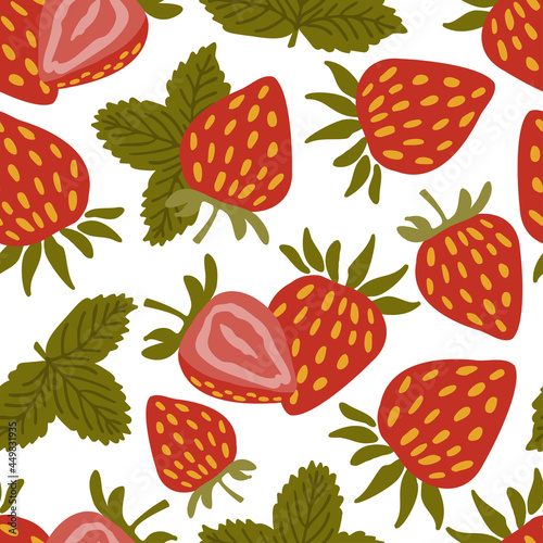 Strawberry seamless pattern. Hand drawn fresh berry. Multicolored sketch background. Colorful doodle wallpaper. Red and green print