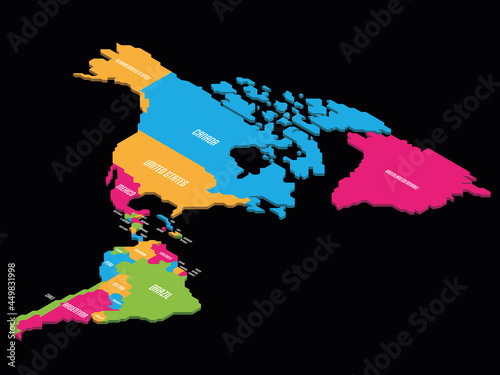 Isometric political map of Americas. Colorful land with country name labels on white background. 3D vector illustration