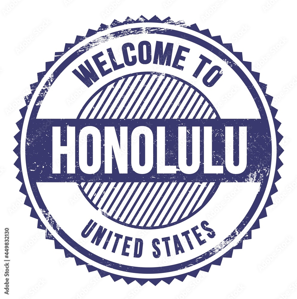 WELCOME TO HONOLULU - UNITED STATES, words written on blue stamp