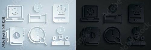 Set Magnifying glass with clock, Time for book, Daily paper notepad, Management, to sleep and Laptop time icon. Vector