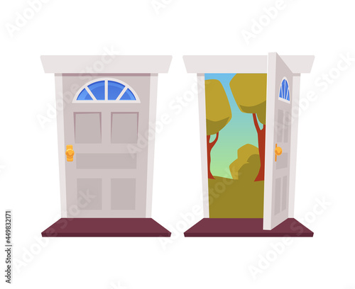 Opened and closed white cartoon doors in flat vector illustration isolated