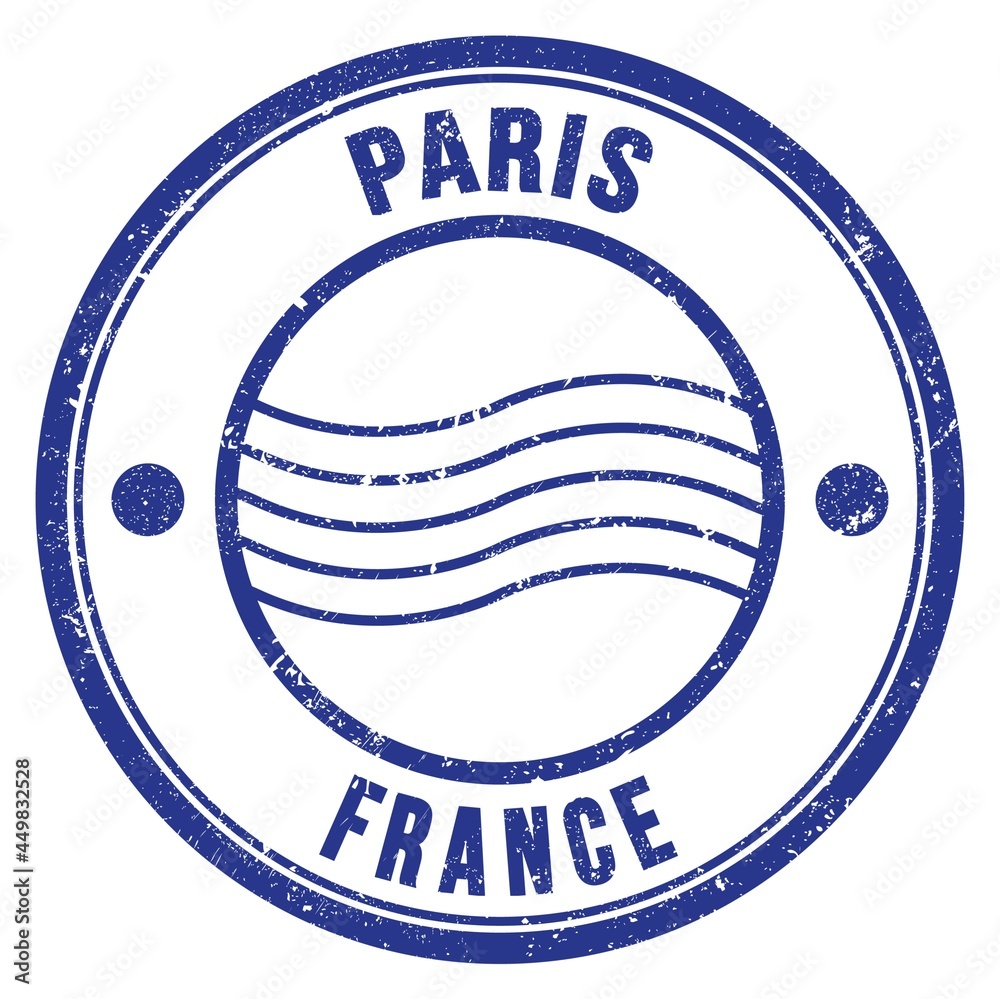 PARIS - FRANCE, words written on blue postal stamp PARIS - FRANCE, words written on blue postal stamp