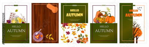 Bright vector autumn sales banner. Advertising, shopping discount promotion. Flat design illustration.Template backgrounds with pupmkin pie, hot spiced tea and colorful seasonal fall leaves