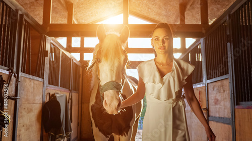 Brunette model in long white dress walks with horse along stable with cheerful smile and holds green bridle against rising sun in morning