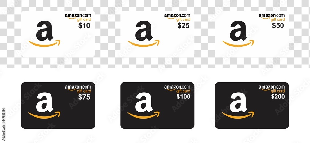 Lombok, Indonesia - August 9, 2021: Amazon gift card with black and white  color. Realistic amazon gift card set : 10$, 25$, 50$, 75$, 100$, 200$.  Isolated plastic gift card on white background. Stock Vector | Adobe Stock