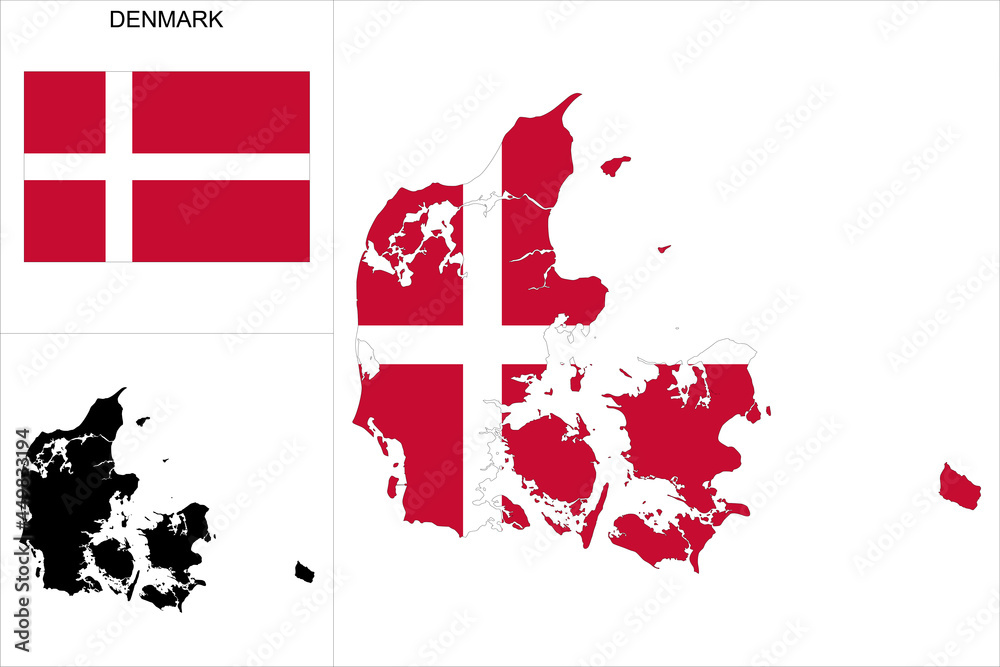 Carte du Danemark avec fond drapeau danois - Carte sous forme de motif noir et drapeau danois disponibles séparément