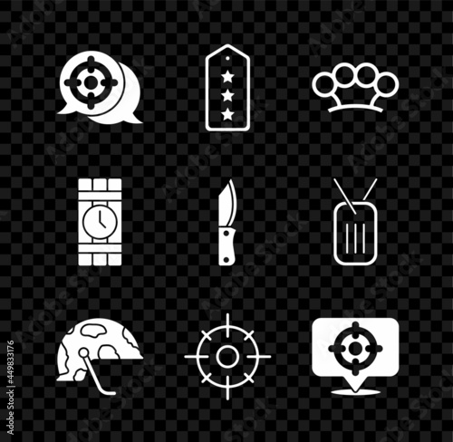 Set Target sport, Military rank, Brass knuckles, helmet, Dynamite and timer clock and knife icon. Vector
