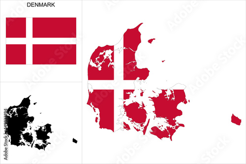 Carte du Danemark avec fond drapeau danois - Carte sous forme de motif noir et drapeau danois disponibles séparément