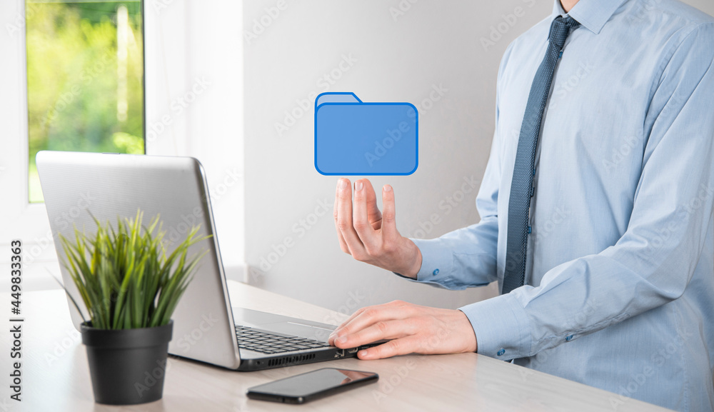 Hand hold folder icon.Document Management System or DMS setup by IT consultant with modern computer are searching managing information and corporate files.Business processing Hand hold folder icon.Document Management System or DMS setup by IT consultant with modern computer are searching managing information and corporate files.Business processing