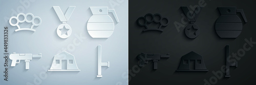 Set Military barracks, Hand grenade, Submachine gun M3, Police rubber baton, reward medal and Brass knuckles icon. Vector