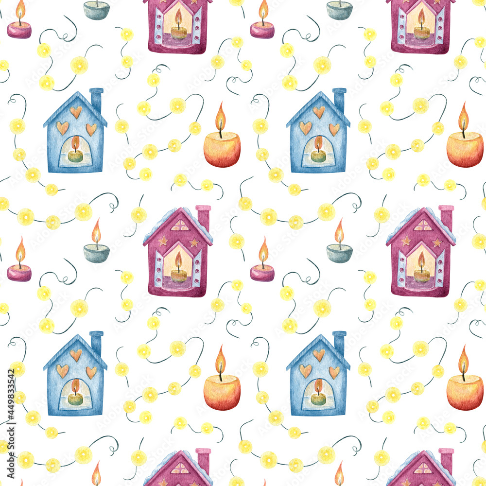 Seamless pattern with garland, candles and candlestick houses. For the holiday. For wrapping paper, gift bags and festive decor. Watercolor illustration.