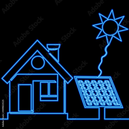 Continuous line House with solar panel neon