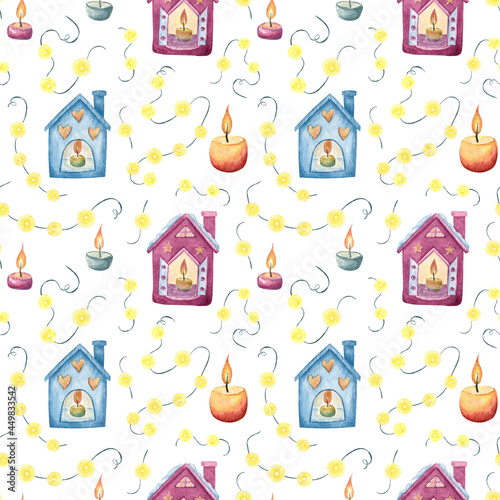 Seamless pattern with garland, candles and candlestick houses. For the holiday. For wrapping paper, gift bags and festive decor. Watercolor illustration.