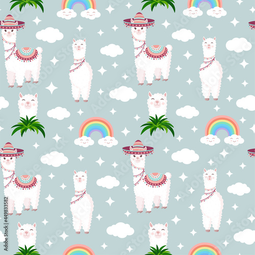 Seamless pattern with funny llamas in sombrero, clouds, stars and rainbows on a gray background. Vector illustration for baby texture, textile, fabric, poster, postcard, decor. Alpaca from Peru.