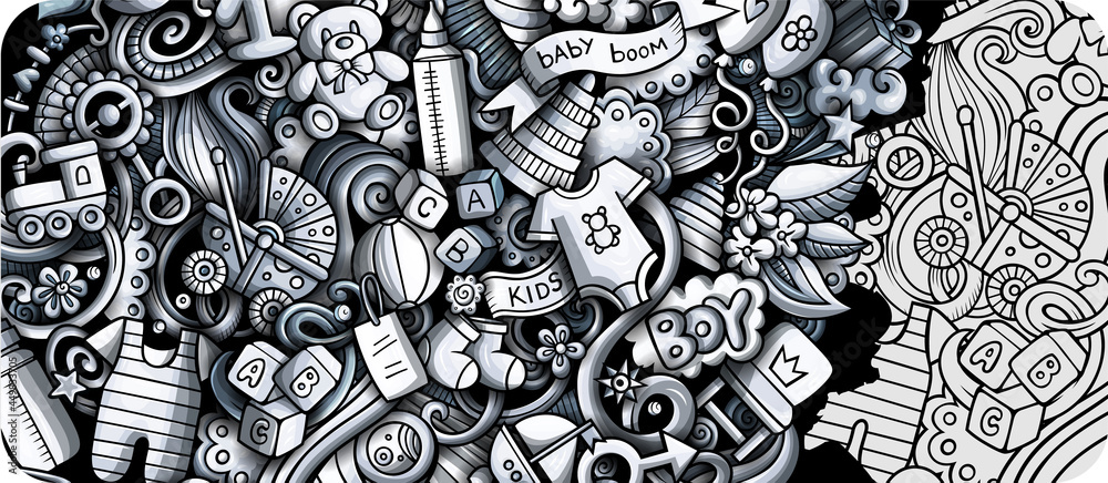Baby hand drawn doodle banner. Cartoon vector detailed flyer.