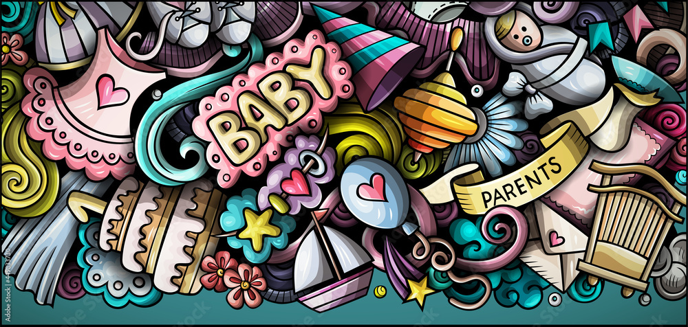 Obraz premium Baby hand drawn doodle banner. Cartoon vector detailed flyer. Illustration with Infant objects and symbols. Colorful horizontal background