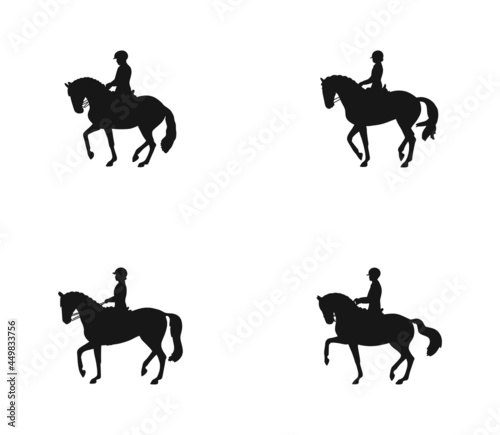 Black silhouettes of dressage horse doing piaffe in different ways photo