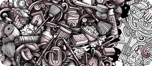 Cleaning hand drawn doodle banner. Cartoon vector detailed flyer.