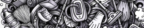 Cleaning hand drawn doodle banner. Cartoon vector detailed flyer.