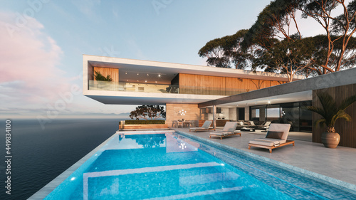 Modern luxury villa at sunset. Private house with infinity pool. 3d illustration photo