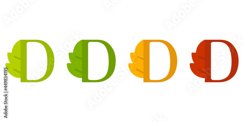 Otoño. Caída de la hoja. Logotipo letra inicial D con forma de hoja de árbol en color verde, naranja y rojo